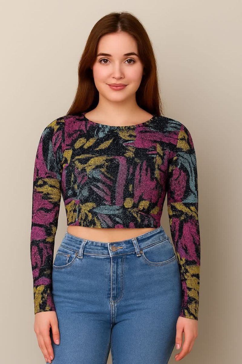 کراپ یقه گرد استین بلند(پک 6 عددی)